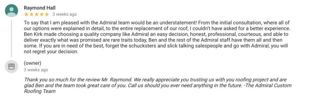 Client Testimonial on Roof Work in TN By Admiral Custom Roofing