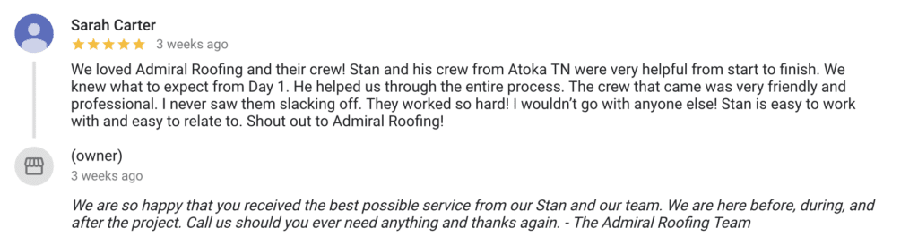 Client Review on Roof Work in TN By Admiral Custom Roofing